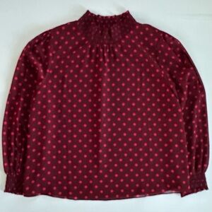 J. Crew Crinkle Chiffon Smocked Top in Burgundy w/Pink Polka-Dots | L | EUC